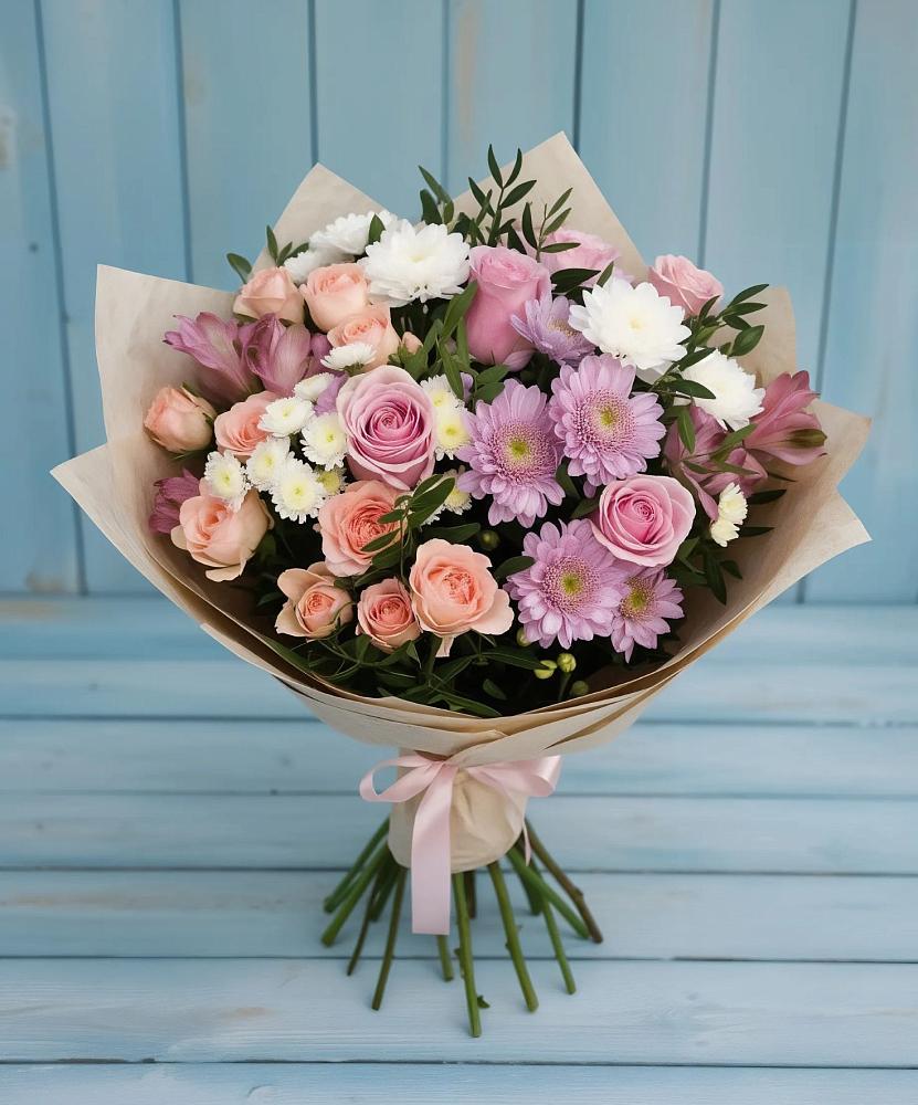 Букет цветов из: Хризантемы, Розы и Альстромерии в Подлесном