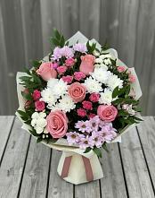 Букет цветов из:  Альстромерии, Гвоздики, Розы и Хризантемы в Подлесном