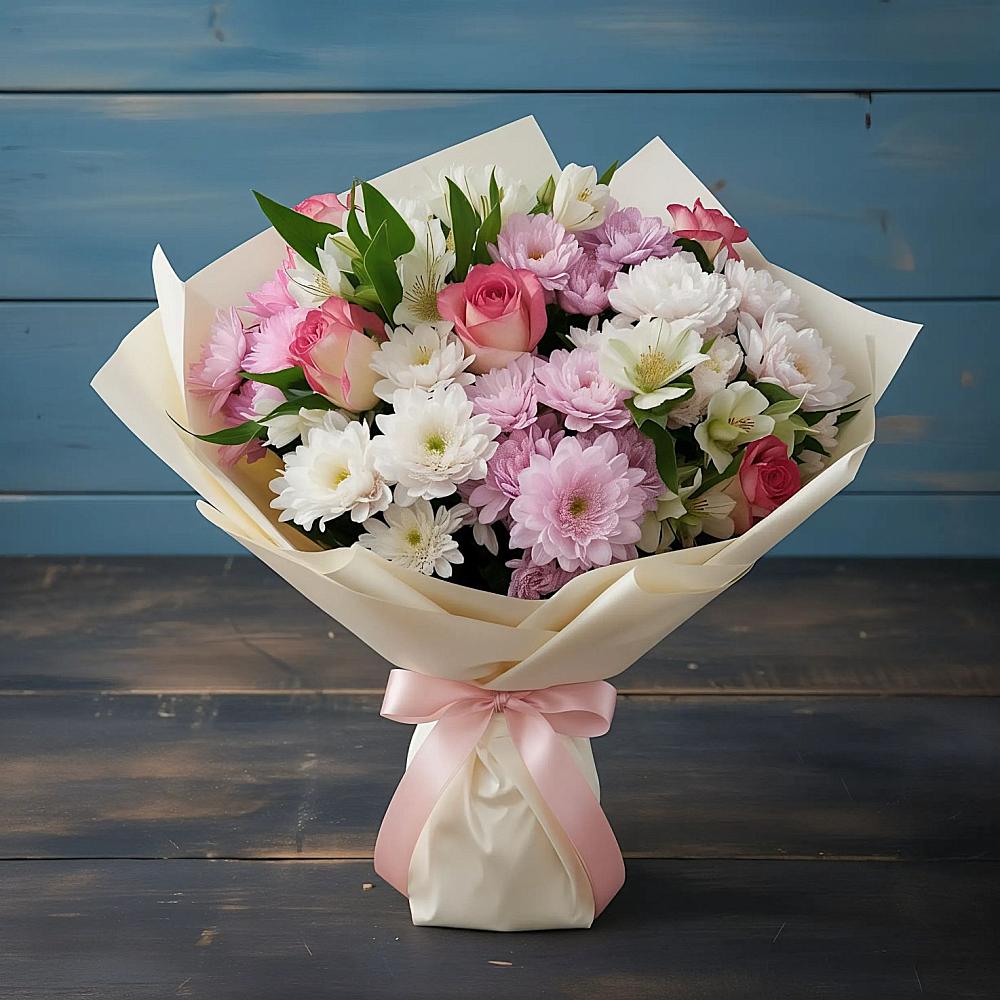 Букет цветов из: Хризантемы, Альстромерии и Розы в Подлесном